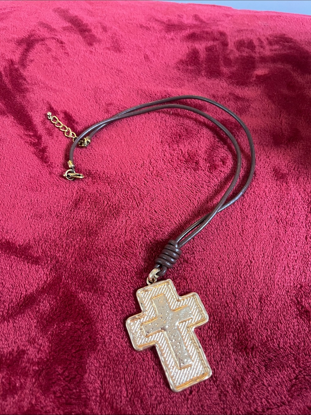 Gold Cross Pendant Necklace - Brown Cord